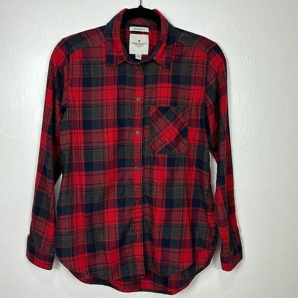 American Eagle Outfitters Boyfriend Fit Red Plaid Button Down Shirt Size S - Picture 1 of 10